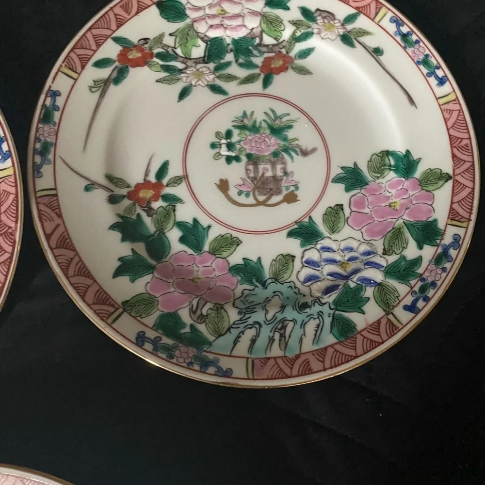 5 Kutani Yaki Ware Japanese Hand Painted  Floral 7.5” MCM Gold Trim Plates